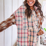 Oversized, lightweight pink, blue, cream and spice mixed plaid long sleeved top with button up front and raw hem.