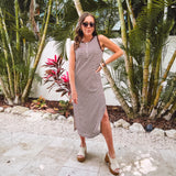 Brown + White Stripe Henley Tank Midi Dress