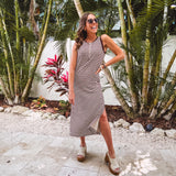 Brown + White Stripe Henley Tank Midi Dress