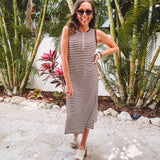 Brown + White Stripe Henley Tank Midi Dress