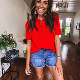 Cherry Red Wavy Knit Collared Sweater Top