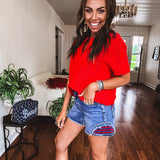 Cherry Red Wavy Knit Collared Sweater Top