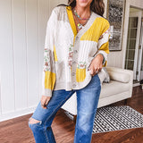 Woven knit button down cardigan with color block patchwork in either mint and green or yellow and taupe.