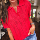Cherry Red Wavy Knit Collared Sweater Top