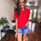 Cherry Red Wavy Knit Collared Sweater Top