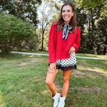 Soft, fuzzy cool red mock neck sweater with wide ribbed neck, cuffs and hem. 