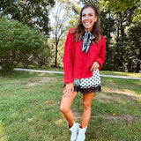 Soft, fuzzy cool red mock neck sweater with wide ribbed neck, cuffs and hem. 