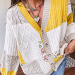 Woven knit button down cardigan with color block patchwork in either mint and green or yellow and taupe.