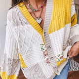 Woven knit button down cardigan with color block patchwork in either mint and green or yellow and taupe.