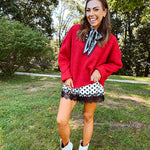 Soft, fuzzy cool red mock neck sweater with wide ribbed neck, cuffs and hem. 