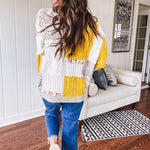 Woven knit button down cardigan with color block patchwork in either mint and green or yellow and taupe.
