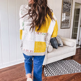 Woven knit button down cardigan with color block patchwork in either mint and green or yellow and taupe.