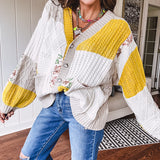 Woven knit button down cardigan with color block patchwork in either mint and green or yellow and taupe.