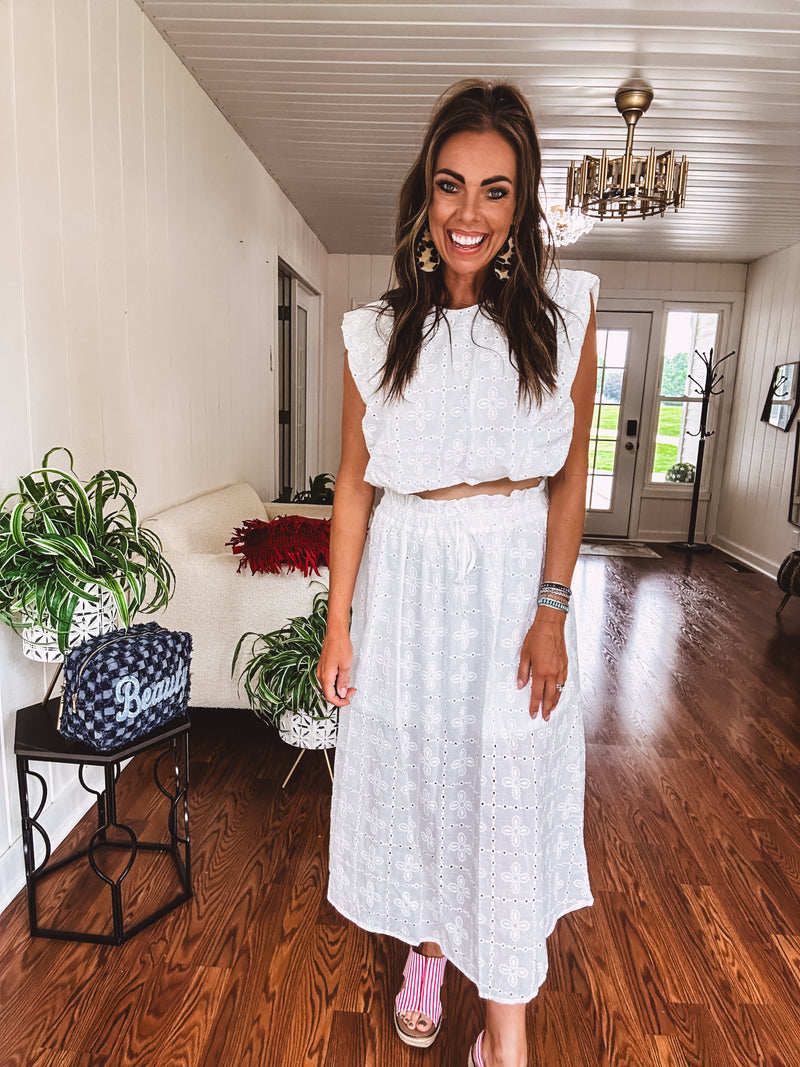 White Eyelet Detail Midi Skirt