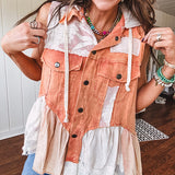 Washed terry like orange brick fabric vest with lace and mixed textured patches, a tiered, flowy bottom, snap button front, hoodie and pockets.