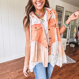 Washed terry like orange brick fabric vest with lace and mixed textured patches, a tiered, flowy bottom, snap button front, hoodie and pockets.