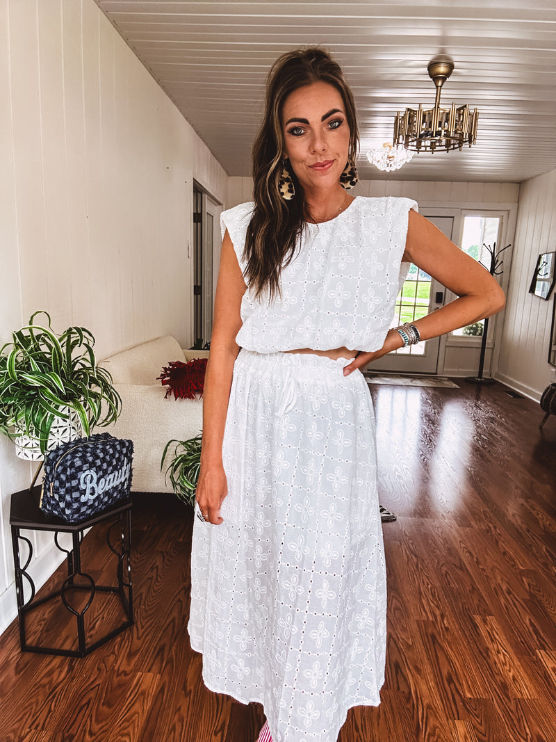 White Eyelet Detail Midi Skirt