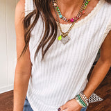 Ribbed textured tank with eyelet crocheted trim. Available in many colors