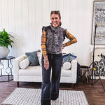Mustard, black and red plaid long sleeved mesh top.