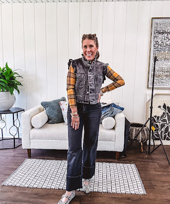Mustard, black and red plaid long sleeved mesh top.
