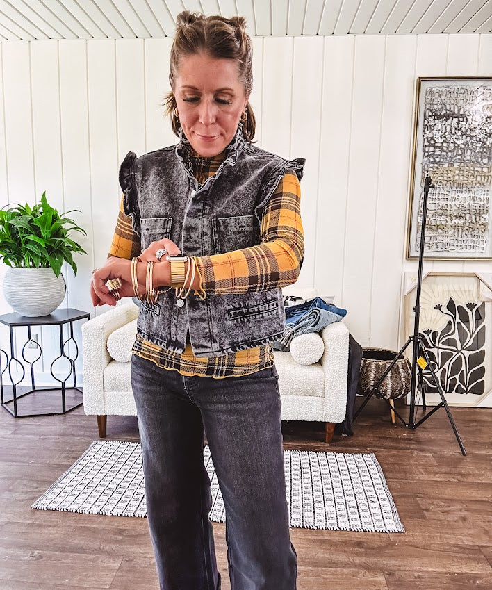 Mustard, black and red plaid long sleeved mesh top.