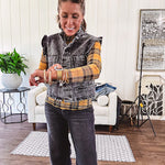 Mustard, black and red plaid long sleeved mesh top.