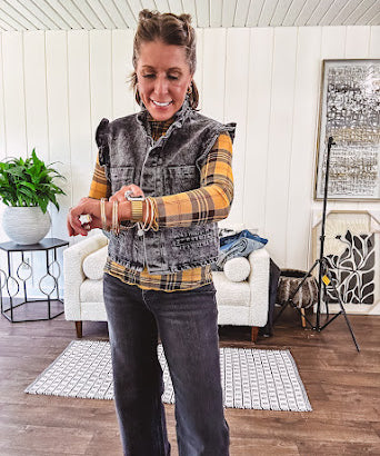 Mustard, black and red plaid long sleeved mesh top.