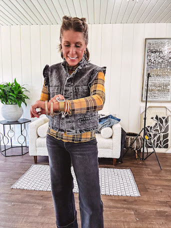 Mustard, black and red plaid long sleeved mesh top.