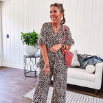Wide leg lightweight leopard print pants with elastic waist, pockets and ruffled cuffs.