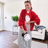 Snap front, balloon sleeve bright red cardigan.