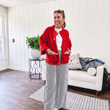 Snap front, balloon sleeve bright red cardigan.