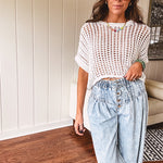 Open weave short sleeved waist length sweater available in many colors.