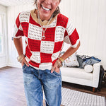 Red and white checkered crocheted short sleeved sweater with tan scalloped neckline and scalloped cuffs and hem.