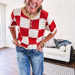 Red and white checkered crocheted short sleeved sweater with tan scalloped neckline and scalloped cuffs and hem.