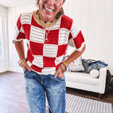 Red and white checkered crocheted short sleeved sweater with tan scalloped neckline and scalloped cuffs and hem.