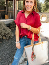 Wine Satin Button Front Collared Blouse