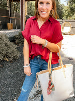 Wine Satin Button Front Collared Blouse