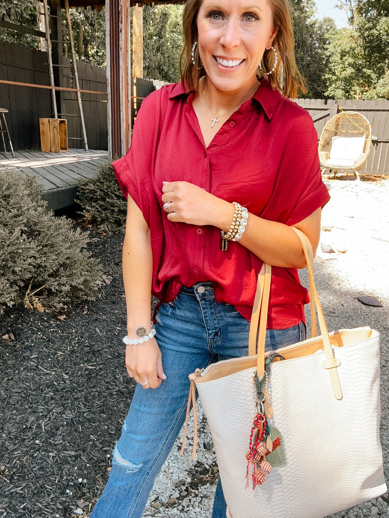 Wine Satin Button Front Collared Blouse