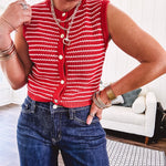 Thin red and white striped sleeveless vest with gold buttons down the front.