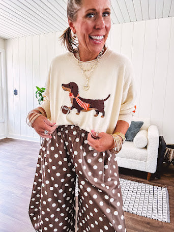 Cream lightweight long sleeved sweater with Weiner Dog graphic on front with orange stripes at the sleeves.