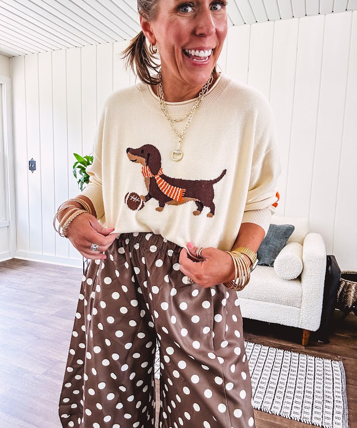 Cream lightweight long sleeved sweater with Weiner Dog graphic on front with orange stripes at the sleeves.
