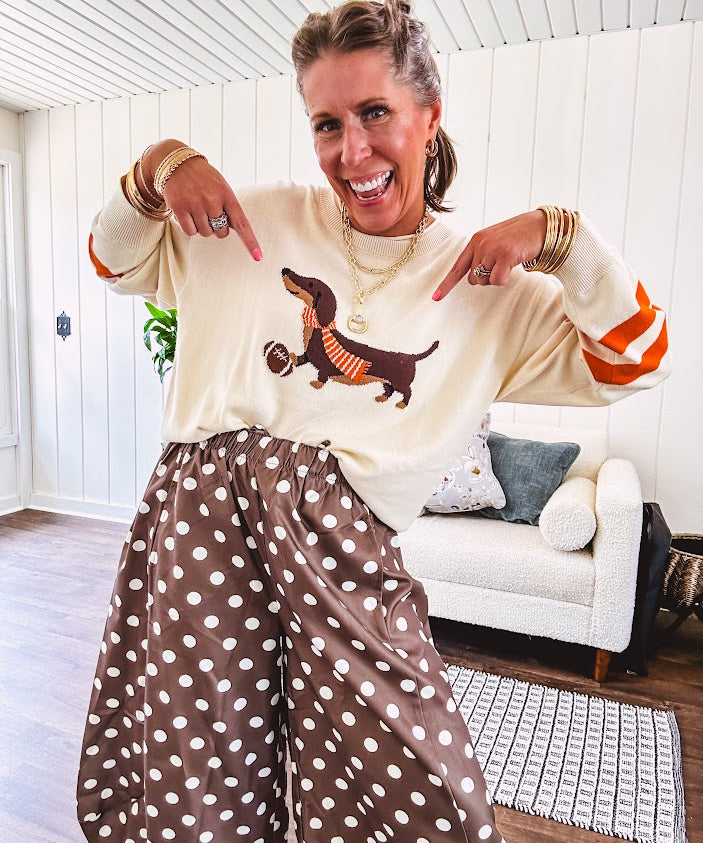 Cream lightweight long sleeved sweater with Weiner Dog graphic on front with orange stripes at the sleeves.