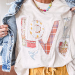 Oversized ivory tee with "LOVE" patchwork and heart patchwork detail on the front with lace trim in pastel florals and plaids.