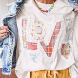Oversized ivory tee with "LOVE" patchwork and heart patchwork detail on the front with lace trim in pastel florals and plaids.