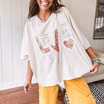 Oversized ivory tee with "LOVE" patchwork and heart patchwork detail on the front with lace trim in pastel florals and plaids.