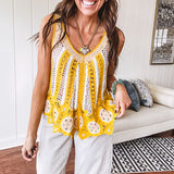 Lace crochet tank in bold marigold and white with lace and crochet details through, V neck.