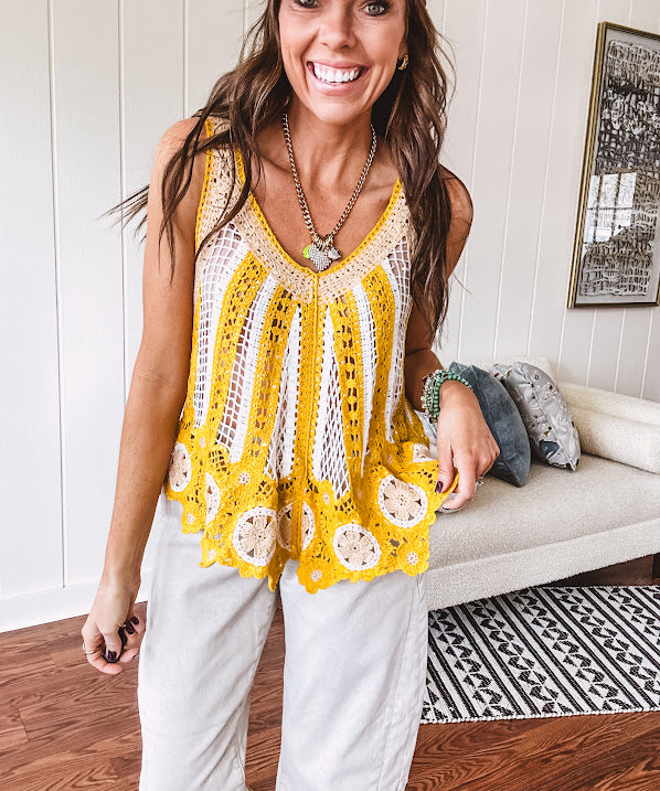 Lace crochet tank in bold marigold and white with lace and crochet details through, V neck.