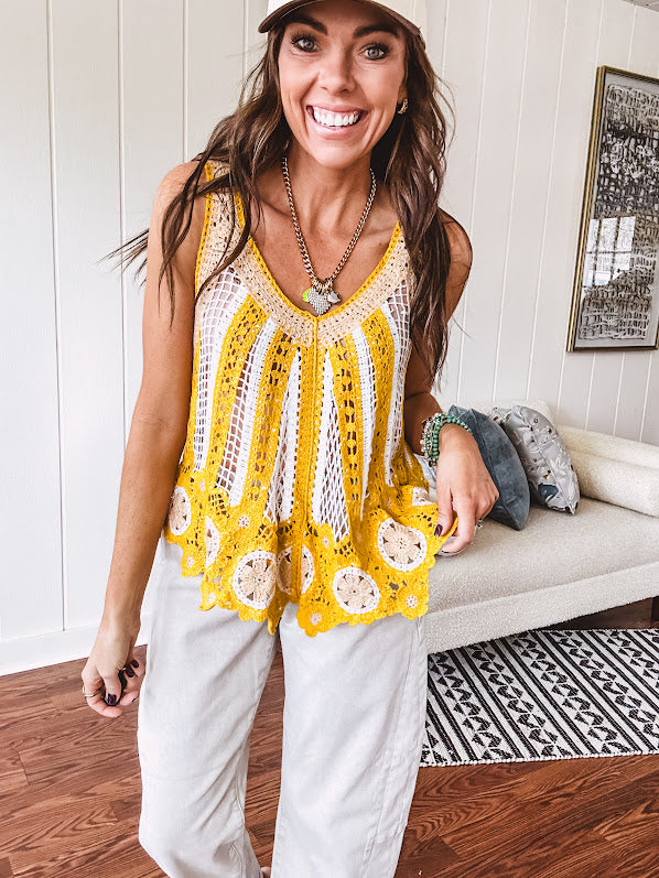 Lace crochet tank in bold marigold and white with lace and crochet details through, V neck.