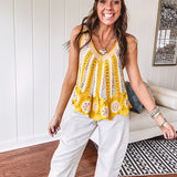 Lace crochet tank in bold marigold and white with lace and crochet details through, V neck.