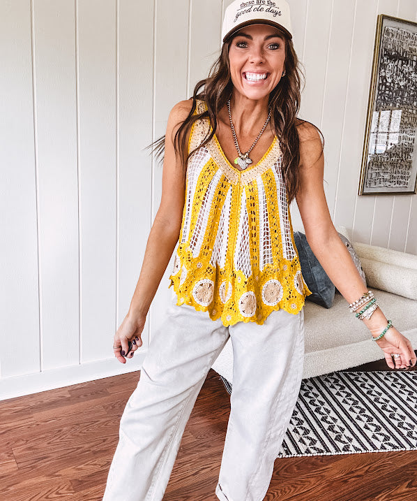 Lace crochet tank in bold marigold and white with lace and crochet details through, V neck.